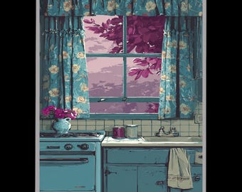 Vintage Blue Kitchen Wall Art with Floral Curtains and Purple Sunset View, Retro Stove Illustration for Cozy Cottagecore Home Decor