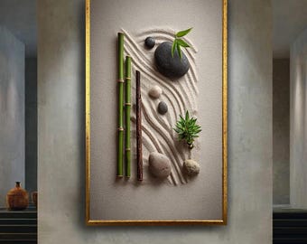 Zen Garden Canvas Print with Bamboo and Stones – Minimalist Sand Art Wall Decor for Meditation Room, Spa Space or Peaceful Home Interior
