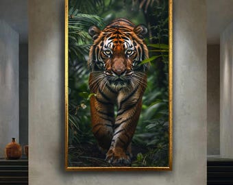 Majestic Tiger Wall Art Canvas Print Jungle Animal Poster for Living Room or Office Decor Vertical Wildlife Painting Gift Idea