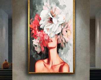 Floral Woman Face Wall Art Print | Abstract Feminine Flower Portrait Canvas | Romantic Soft Pastel Modern Decor for Bedroom or Living Room