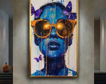 Colorful Woman Portrait Canvas Wall Art, Modern Pop Art Style Artwork with Sunglasses and Butterflies for Home Decor