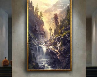 Mountain Waterfall Canvas Wall Art Print with Sunlight and Forest Valley, Majestic Nature Landscape Artwork for Rustic or Modern Home Decor