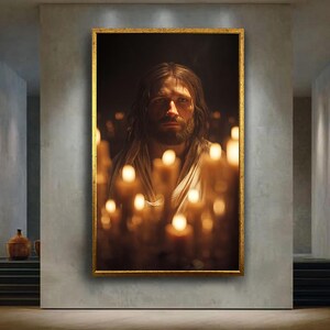Décoration murale Jésus aux chandelles - Portrait chrétien paisible entouré d&#39;une lumière spirituelle chaleureuse pour une décoration intérieure religieuse