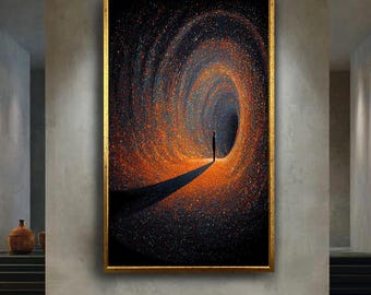 vivid spiral tunnel silhouette figure abstract pointillism style textured colorful night path modern wall art canvas home decor