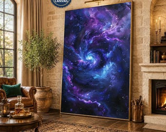 Puede incluir: Un gran lienzo rectangular para pared que presenta una nebulosa vibrante con tonos arremolinados de morado intenso, azul real y luz blanca brillante. Una insignia azul circular en la esquina superior izquierda muestra el texto 100% COTTON CANVAS.