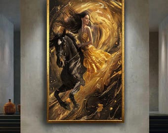 Golden Woman Riding Black Horse Canvas Wall Art Elegant Fantasy Portrait Poster for Luxury Glam Room Decor or Equine Lovers Gift