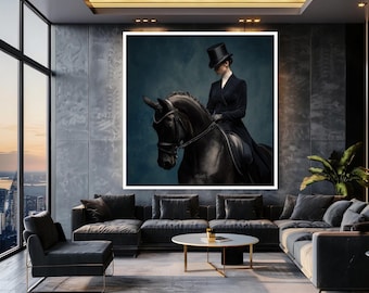 Elegant Equestrian Woman Canvas Wall Art – Black Horse and Rider in Vintage Dressage Style for Classy Home or Office Decor