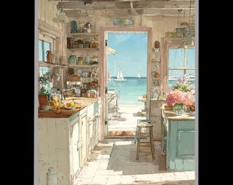 Coastal Cottage Kitchen Wall Art with Seaside View and Sailboats, Light Filled Beach House Decor for Summer Inspired Interiors