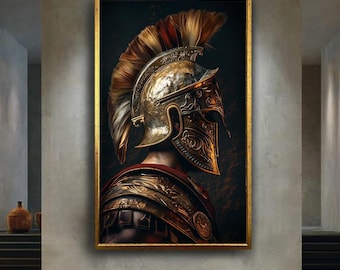 Golden Roman Helmet Canvas Wall Art – Detailed Ancient Warrior Armor Portrait, Historic Gladiator Print for Bold Classic Home Decor