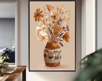 Boho Floral Wall Art Print Vintage Vase Illustration Neutral Botanical Artwork Earth Tone Flowers Rustic Aesthetic Home Decor