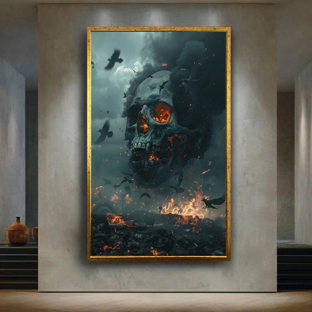 Burning Skull Apocalypse Canvas Wall Art – Dark Gothic Horror