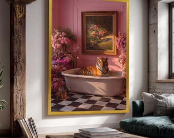 Luxury Bathroom Wall Art with Tiger in Bathtub and Pink Floral Interior, Bold Surreal Animal Print for Glam Jungle or Maximalist Decor
