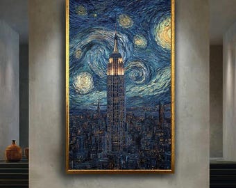 Empire State Starry Night Canvas Wall Art – Van Gogh Style New York Skyline Print – Swirling Sky Urban Cityscape for Modern Home Decor