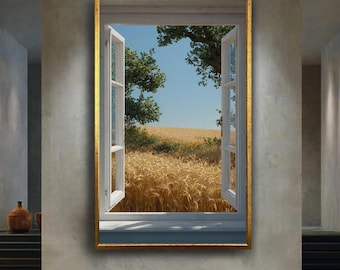 Open Window Wheat Field Wall Art, Rustic Farm Landscape Poster, Summer Countryside View Print, Nature Inspired Room Decor