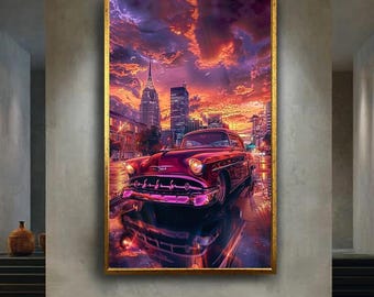 Vintage Red Chevy City Sunset Canvas Wall Art – Classic Car with Skyline and Rain Reflections Urban Retro Scene Home Decor