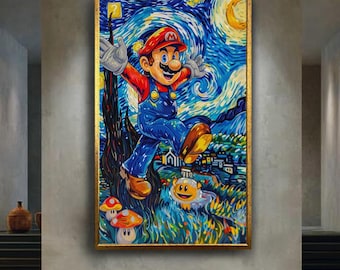Colorful Mario Wall Art in Starry Night Style Whimsical Video Game Character Print Pop Culture Artwork Gamer Room Decor