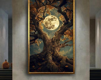 Enchanted Moonlit Tree Canvas Wall Art, Mystical Full Moon Forest Print, Fantasy Nature Artwork with Autumn Leaves for Magical Home Decor