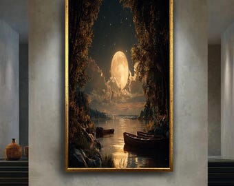 Full Moon Lake View Canvas Wall Art with Boats and Trees, Romantic Night Landscape Painting, Nature Home Decor for Living Room