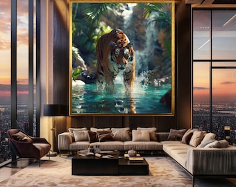 Majestic Tiger in Jungle Wall Art Print, Wild Animal Photography with Waterfall Scene, Powerful Wildlife Decor for Nature Lovers