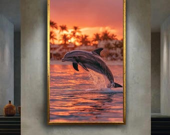 Dolphin wall art jumping dolphin canvas print sunset ocean decor tropical beach animal poster sea life artwork for coastal home design