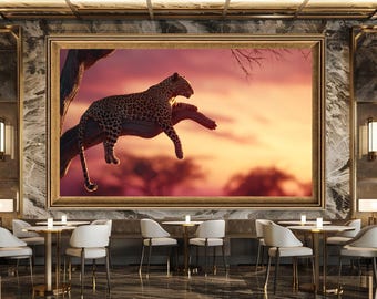Leopard on Tree Branch Canvas Wall Art African Sunset Wildlife Print Majestic Big Cat Resting Nature Safari Decor for Home