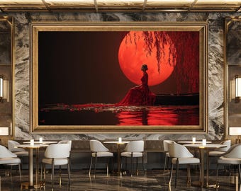 Red Moon Lady Canvas Wall Art Elegant Woman in Boat Night Scene Print Romantic Full Moon Fantasy Painting for Bedroom or Studio Decor