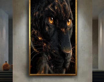 Black Panther Canvas Wall Art with Golden Glow, Luxury Wild Cat Close-Up Print for Bold Home or Office Decor, Majestic Animal Portrait
