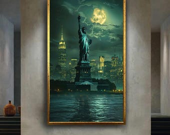 Statue of Liberty Full Moon Canvas Wall Art, New York City Skyline Artwork for Home Decor, Gift for Travel and City Lovers