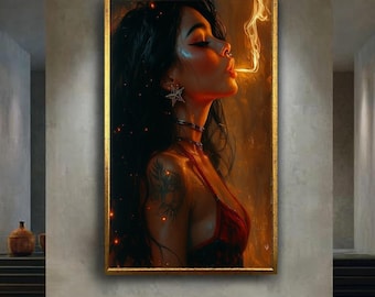 Dark Smoky Female Portrait Canvas Art | Sensual Woman with Tattoo and Fire Glow | Edgy Bold Wall Decor for Modern Interiors