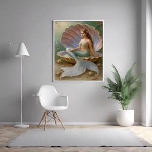Elegante Meerjungfrau in der Muschel mit Perlen Digital Fantasy Kunstdruck Ocean Princess Wanddekor Unterwasser Märchen Zimmer Poster für Mädchen