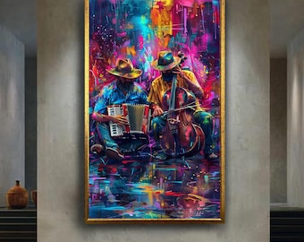 Colorful Musician Canvas Wall Art – Abstract Accordion and Cello Players Artwork for Music Room, Boho Style or Artistic Home Decor
