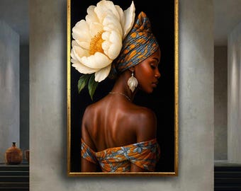 African Woman with Flower Headwrap Canvas Art – Elegant Portrait in Floral Fabric and Bold Colors, Modern Feminine Wall Décor for Home