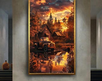 Rustic Autumn Cabin Sunset Canvas Wall Art – Vintage Pickup Truck and Lake Reflection Country Landscape for Cozy Home Decor