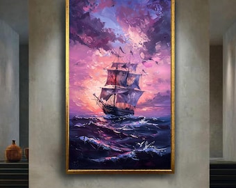 Romantic Sailing Ship Canvas Wall Art with Sunset Sky and Ocean Waves – Nautical Seascape Painting Print for Coastal or Vintage Decor