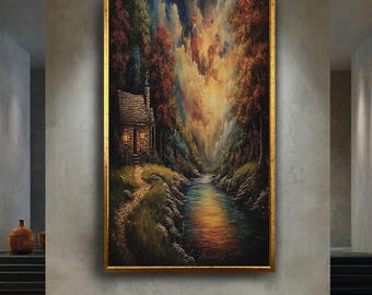 Cozy Cottage by the River Fantasy Wall Art, Colorful Forest Sunset Printable Painting for Rustic Cabin or Nature Lovers Decor