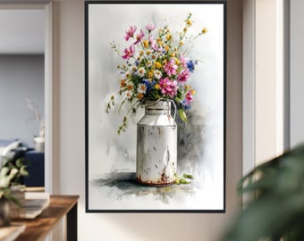 Rustic Wildflower Watercolor Wall Art Country Cottage Floral Print Vintage Farmhouse Decor Milk Can Flower Poster Canvas Download