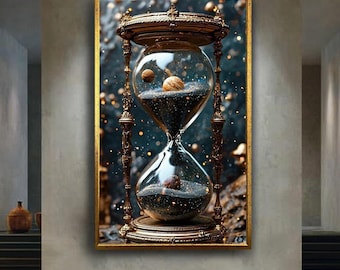 Cosmic Hourglass Canvas Wall Art, Surreal Galaxy Time Print, Space and Planets Fantasy Artwork for Sci-Fi or Modern Interiors