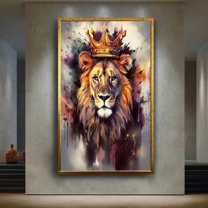 Impression d&#39;art mural lion couronné, peinture animalière royale pour bureau, chambre masculine ou décoration moderne, oeuvre d&#39;art puissante de la jungle