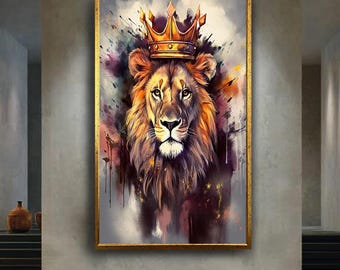 Crowned lion canvas wall art print, regal king animal painting for office, masculine room or modern home decor, powerful jungle artwork