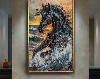 Black Horse Ocean Waves Canvas Wall Art, Equine Sunset Artwork for Home Decor, Gift for Horse Lovers and Coastal Art Fans