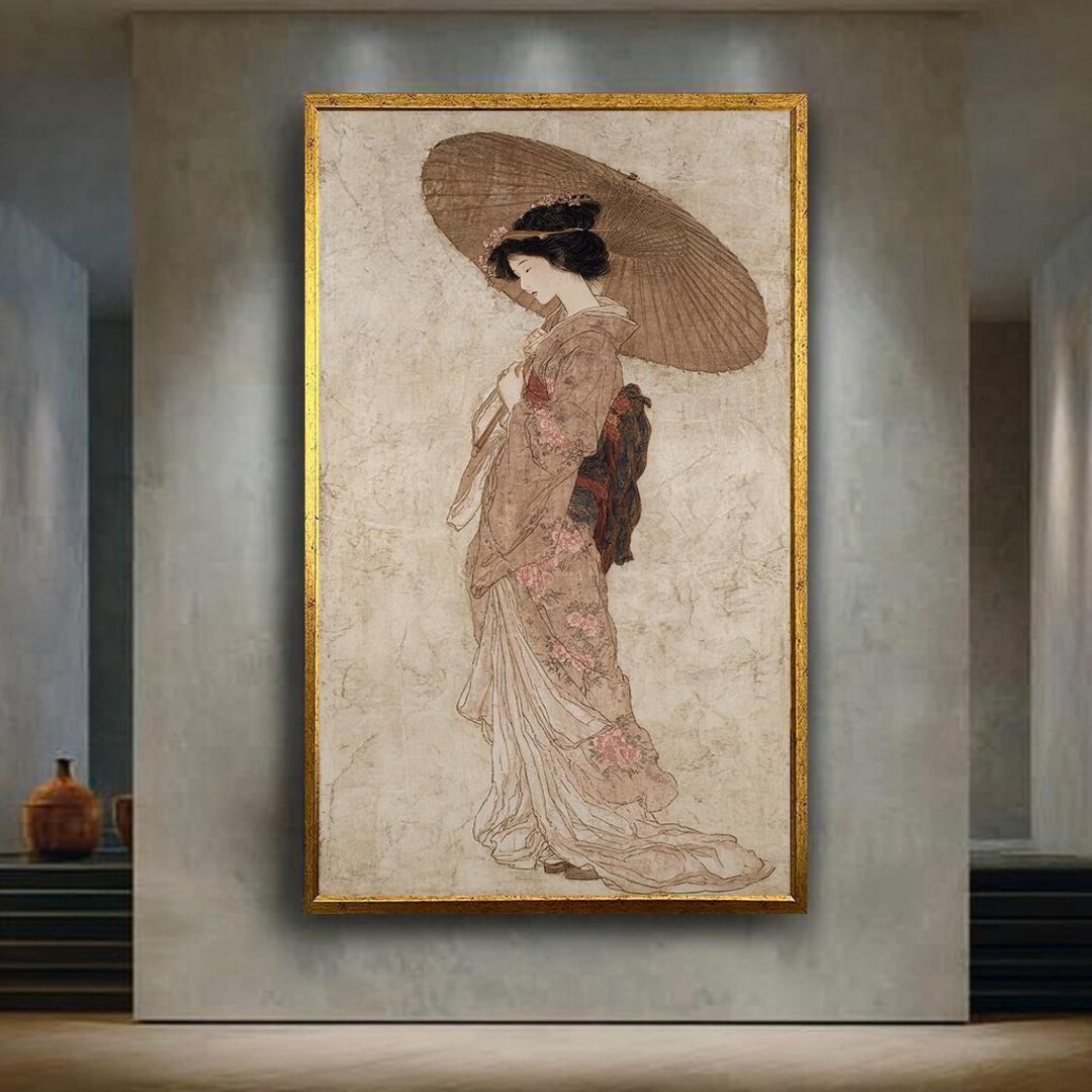 Vintage Japanese Woman Canvas Wall Art With Kimono and Umbrella ...