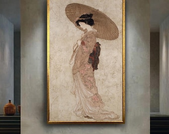 Vintage Japanese Woman Canvas Wall Art with Kimono and Umbrella – Traditional Asian Aesthetic Print for Elegant Home or Zen Decor
