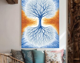 Energy Tree of Life Wall Art with Dual Roots and Branches in Blue and Orange, Symbolic Spiritual Artwork for Mindful Home Decor