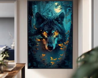 Mystic Wolf Canvas Print, Glowing Eyes Wolf Wall Art, Fantasy Night Forest Artwork, Dark Animal Spiritual Decor