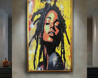 Bold Black Woman Canvas Print Afrocentric Street Art Portrait Dreadlocks Urban Wall Art Yellow Background Modern Expressionist Decor