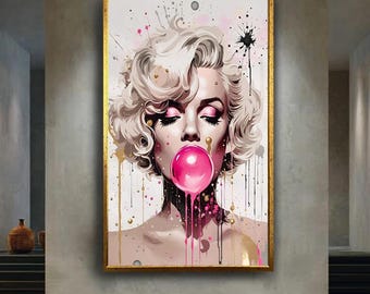 Pop art Marilyn style canvas wall art print, retro glam woman blowing bubblegum, bold modern artwork for salon, studio or chic interiors