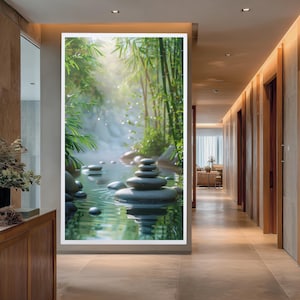 Lienzo decorativo de piedra zen y bambú, póster con escena de naturaleza serena, decoración para sala de meditación, lámina imprimible inspirada en un spa relajante