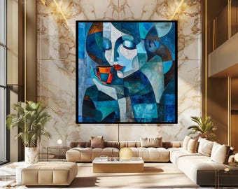 Cubist Woman with Coffee Cup Wall Art, Abstract Geometric Female Portrait in Blue and Orange Tones for Modern and Elegant Home Decor
