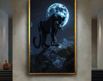 Moonlight Black Panther Canvas Wall Art – Mysterious Wild Cat with Blue Eyes, Night Jungle Animal Print, Exotic Wildlife Home Decor