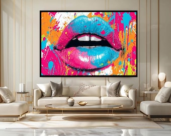 Colorful Pop Art Lips Canvas Wall Art Print Modern Urban Graffiti Style Bold Pink Blue Lip Painting for Bedroom or Salon Decor